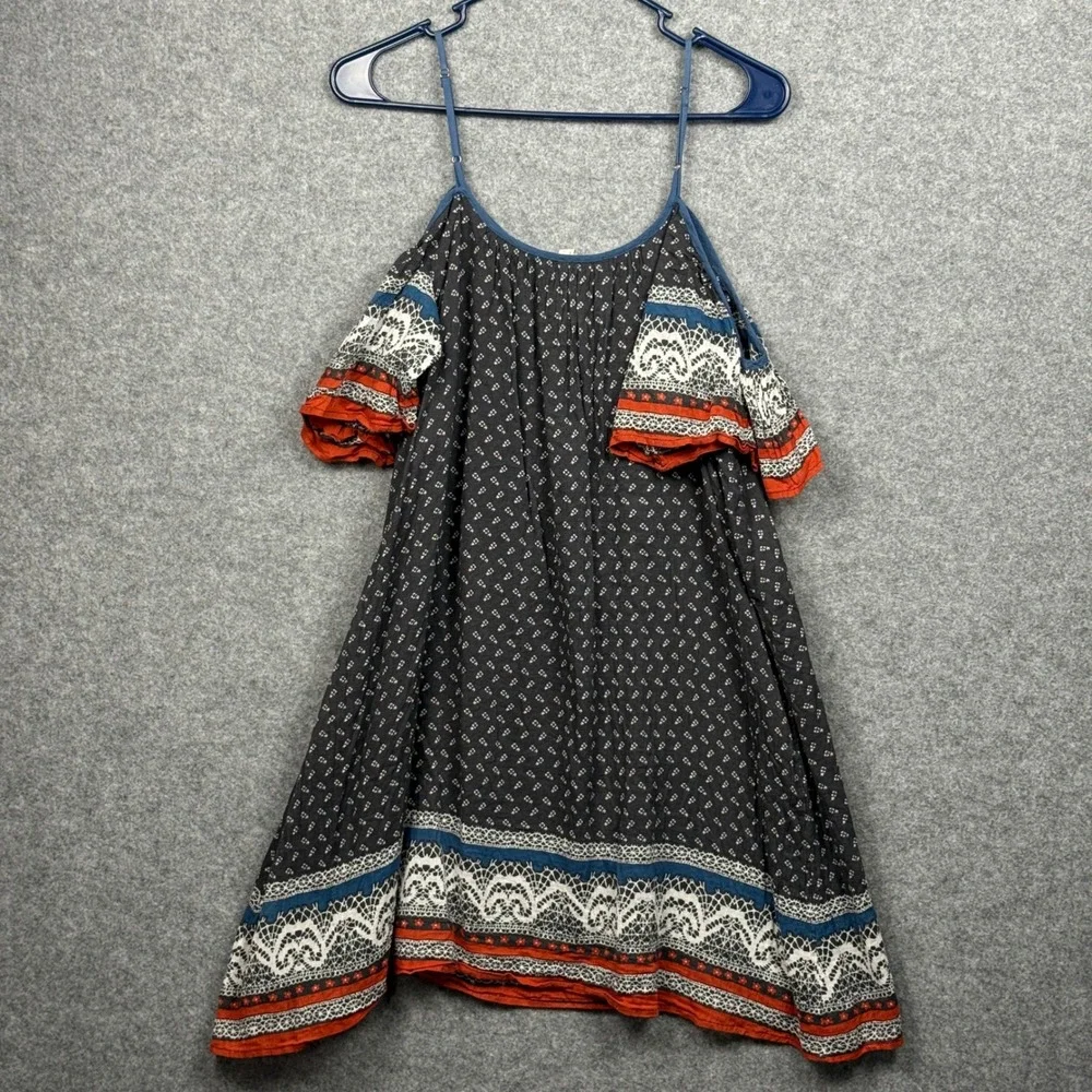 Free‎ People Black White Red Boho Cold Shoulder Mini Dress Size S